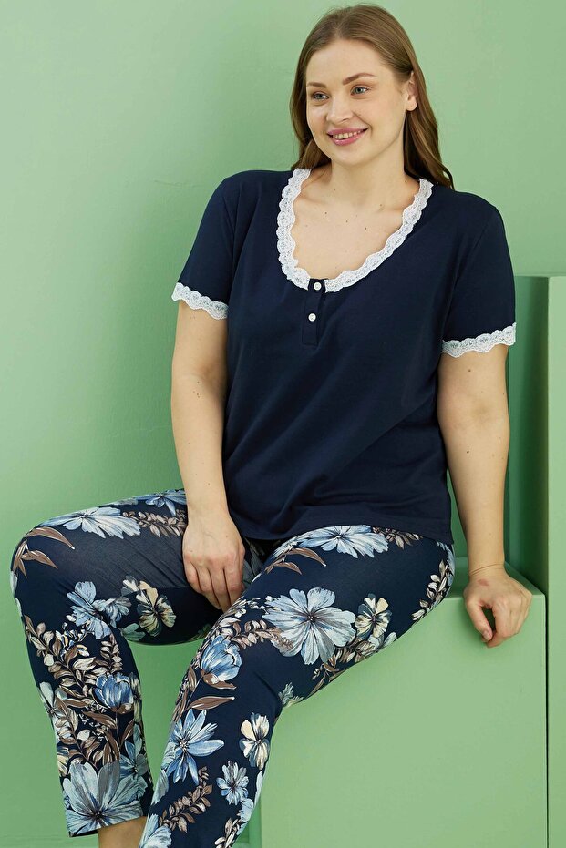 Navy Blue Patterned Buttoned Curve Plus Size Oversize Cotton Pajama Set 25113816 - 1