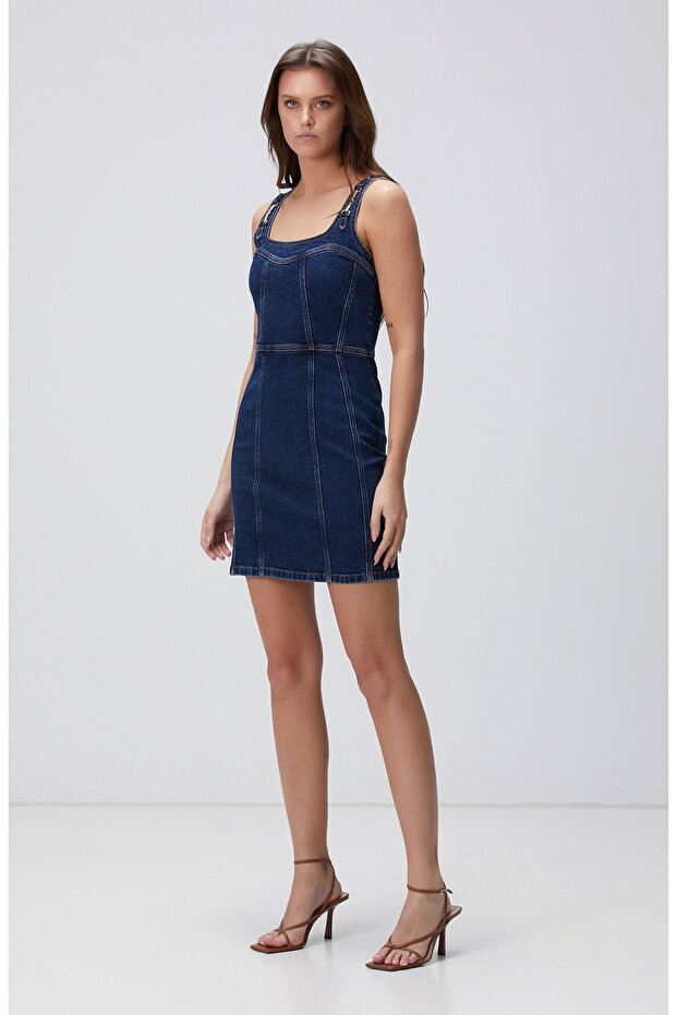 İndigo Mini Denim Elbise - 3