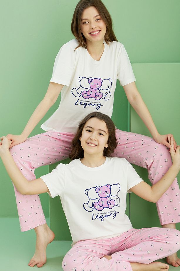 ekru desenli Pamuklu Bisiklet Yaka Örme Pijama Takım25117068 - 1