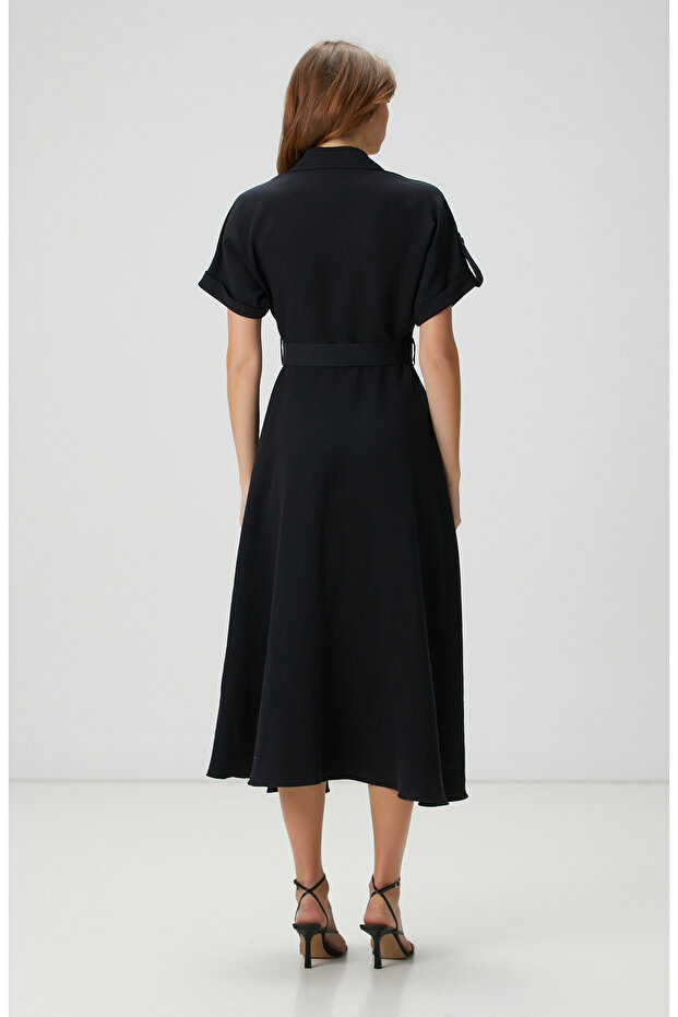 Siyah Diyagonal Desenli Midi Elbise - 5