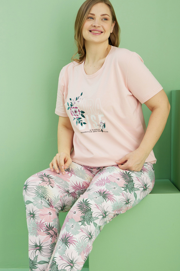 Salmon Patterned Curve Large Size Oversize Cotton Pajama Suit25113793 - 1