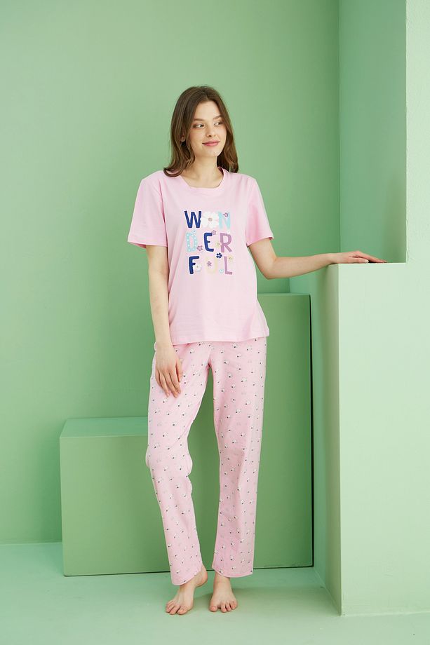 pembe desenli Pamuklu Bisiklet Yaka Örme Pijama Takım25117077 - 2