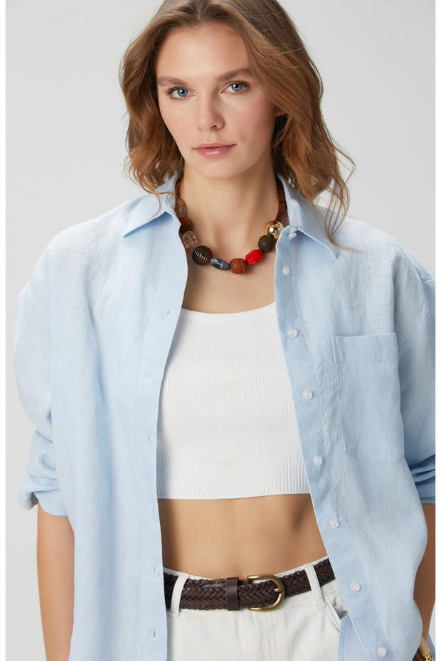 Mavi Keten Gömlek - 1