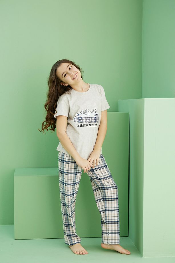 bej melanj desenli Pamuklu Bisiklet Yaka Örme Pijama Takım25117070 - 4