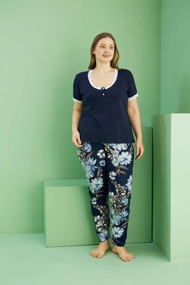 Navy Blue Patterned Buttoned Curve Plus Size Oversize Cotton Pajama Set 25113816 - 2