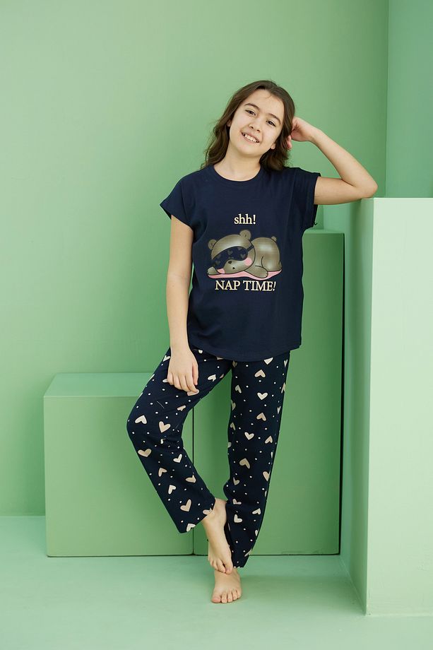 lacivert desenli Pamuklu Bisiklet Yaka Örme Pijama Takım25117072 - 4