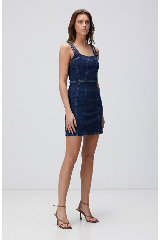 İndigo Mini Denim Elbise - 4