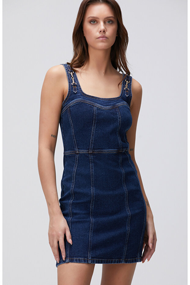 İndigo Mini Denim Elbise - 1