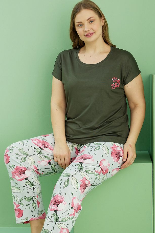 yeşil desenli Curve Büyük Beden Battal Boy Pamuklu Pijama Takım25113763 - 1