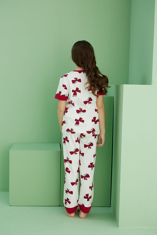 ekru desenli Pamuklu Bisiklet Yaka Örme Pijama Takım25117067 - 5