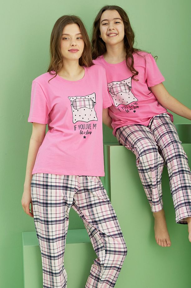 pembe desenli Pamuklu Bisiklet Yaka Örme Pijama Takım25117075 - 1