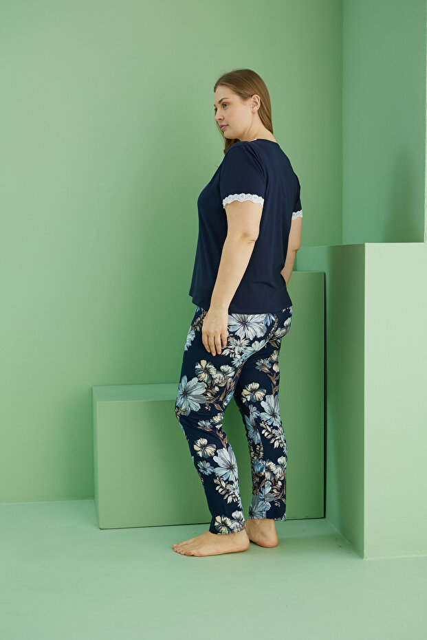 Navy Blue Patterned Buttoned Curve Plus Size Oversize Cotton Pajama Set 25113816 - 3