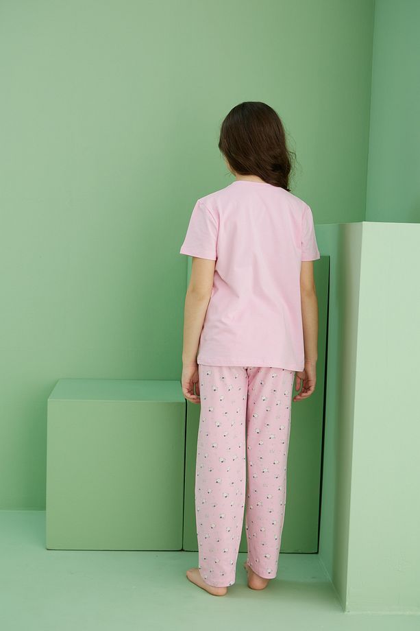 pembe desenli Pamuklu Bisiklet Yaka Örme Pijama Takım25117077 - 5