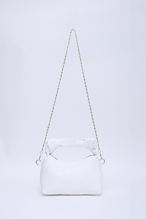White Shk24 Soft Leather Knot Detailed Chain Strap Hand and Shoulder Bag L:14 W:22 W:8 Cm