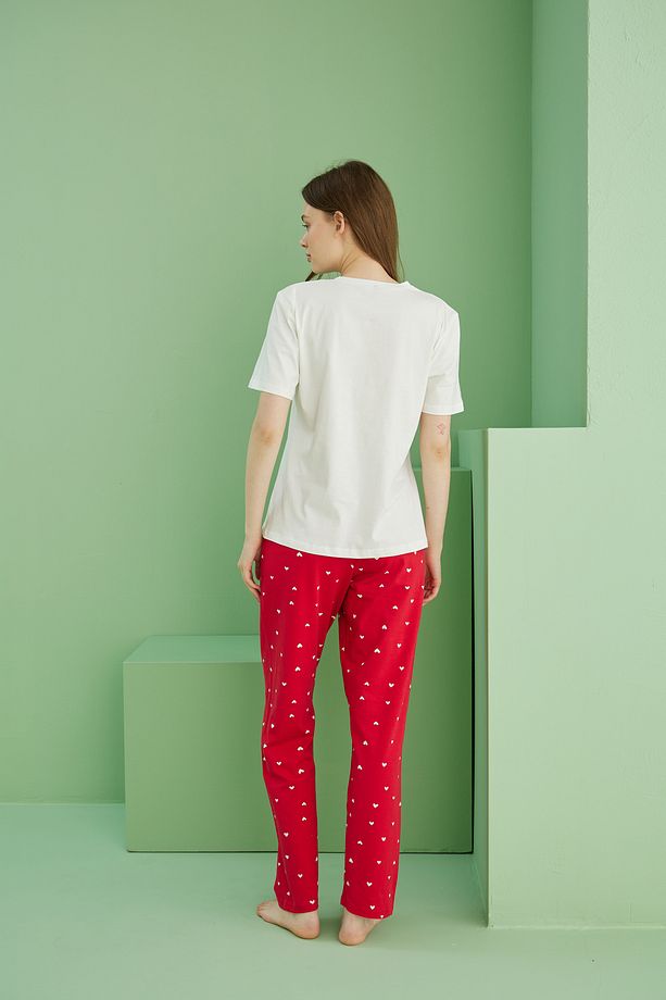 ekru desenli Pamuklu Bisiklet Yaka Örme Pijama Takım25117066 - 3