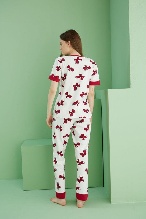 ekru desenli Pamuklu Bisiklet Yaka Örme Pijama Takım25117067 - 3