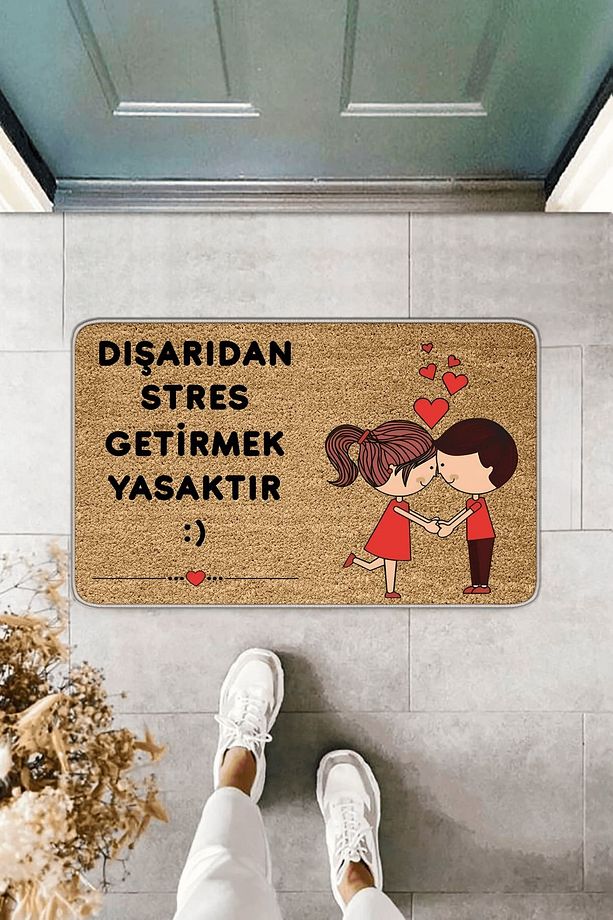 Bej Stres Getirmek Yasak Mutlu Çift Kapı Önü Paspası KP02 - 1