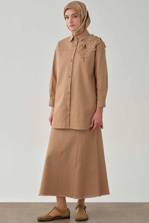 Aplike Nakış Detaylı Canvas Ceket - Camel - 4