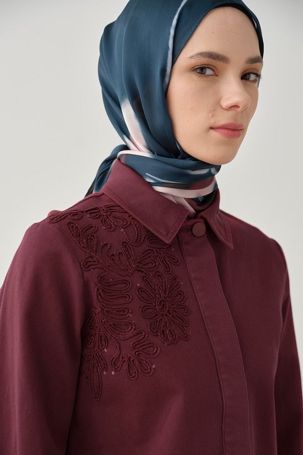 Nakış Detaylı Mini Canvas Ceket - Mürdüm - 7