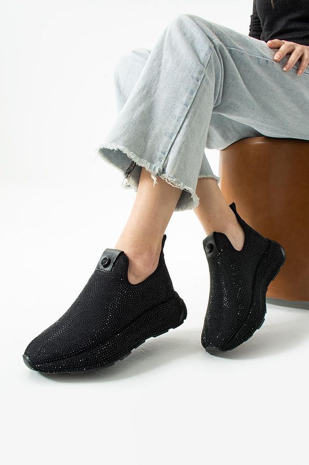 Kadın Desenli Taş Detaylı Yüksek Tabanlı Slip-on Yürüyüş Ayakkabısı - 1