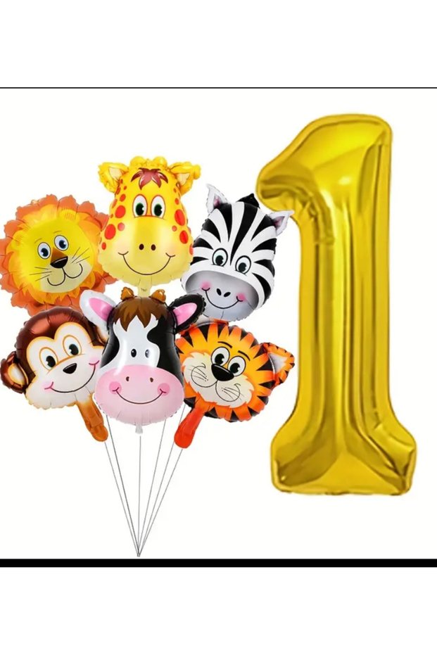 Safari Concept Set of 6 Animal Heads and Gold Numeral Foil Balloons