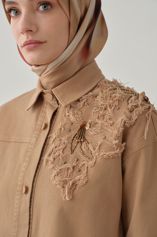 Aplike Nakış Detaylı Canvas Ceket - Camel - 5