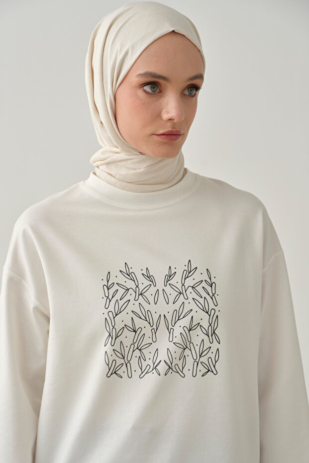 Önü Baskılı Örme Bluz - Ekru - 5