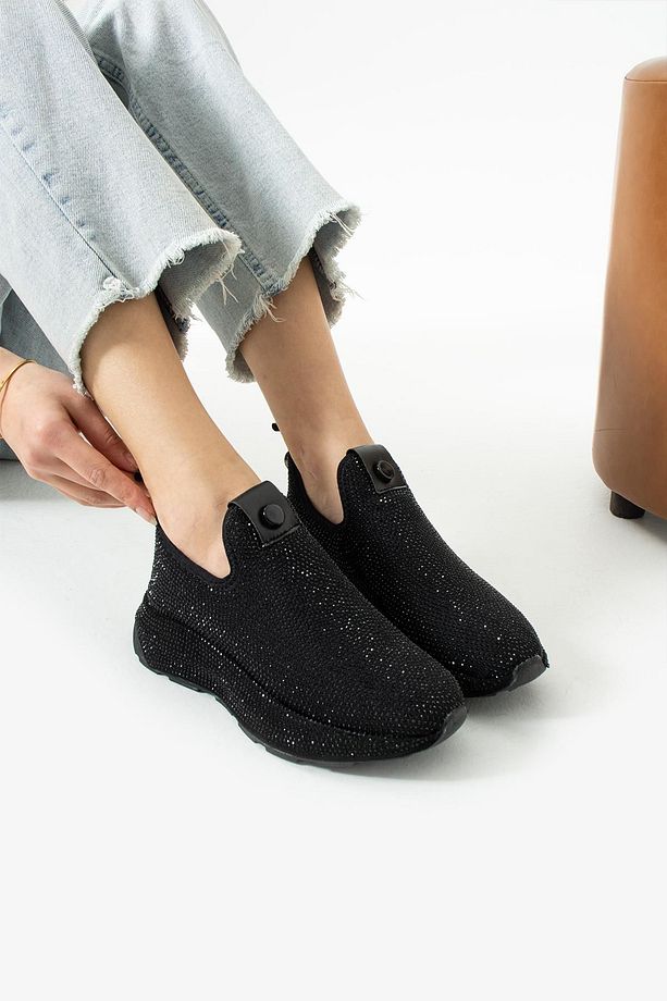 Kadın Desenli Taş Detaylı Yüksek Tabanlı Slip-on Yürüyüş Ayakkabısı - 3