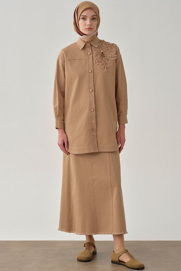Aplike Nakış Detaylı Canvas Ceket - Camel - 3