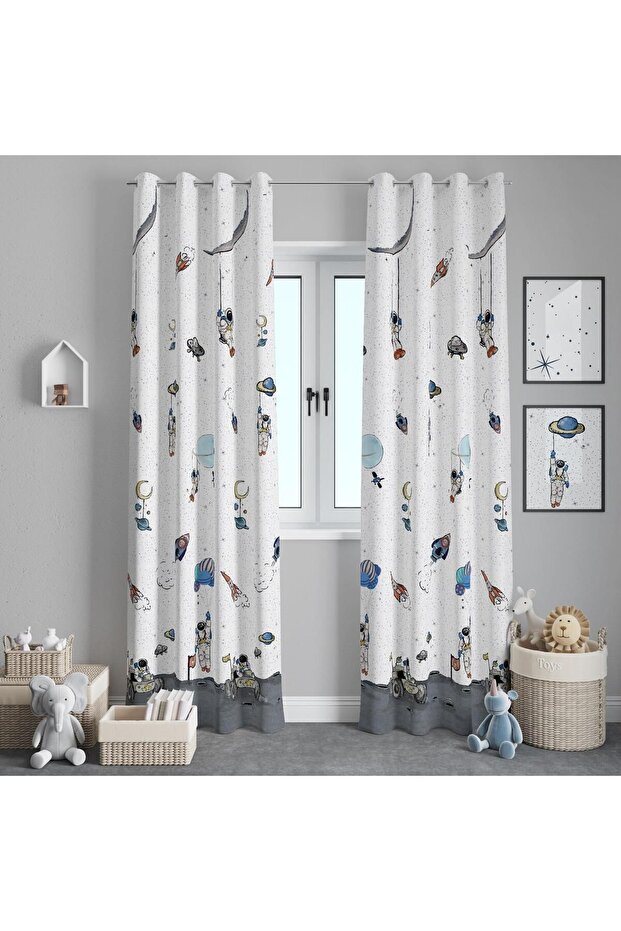 Space Ship Sky Face Astronaut Concept Rustic Eyelet Design Children's Room Background Curtain