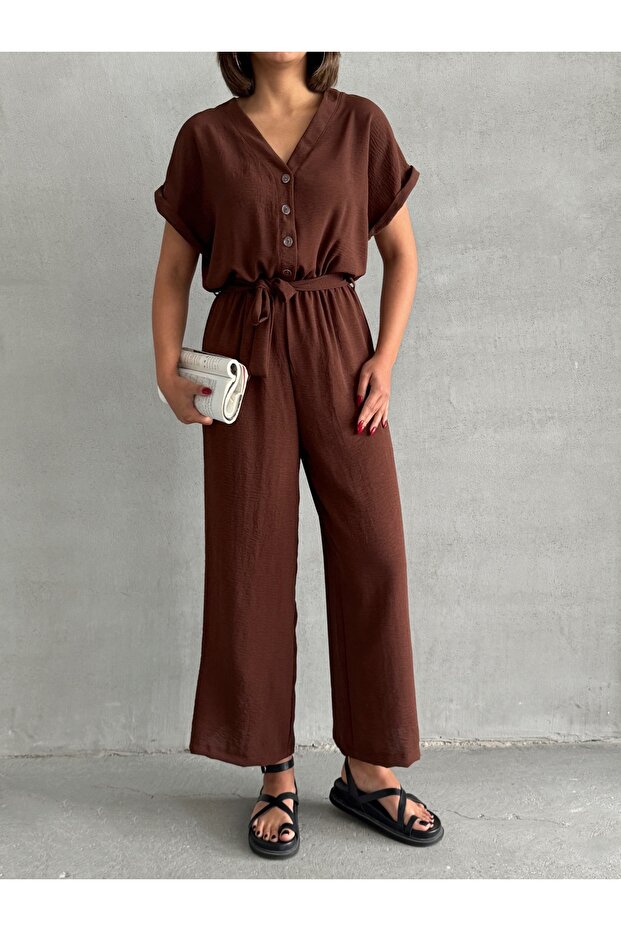 Women's Brown Button Detailed Belted Jumpsuit