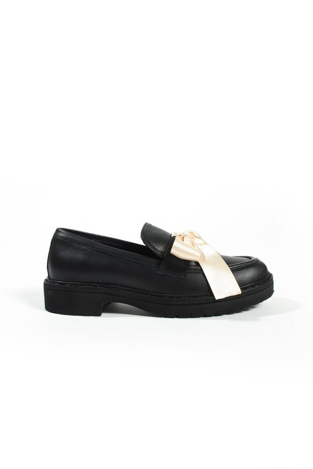 Vivaz Women's Real Leather Bow Detailed Thick Sole Black Loafer Moccasin Shoes