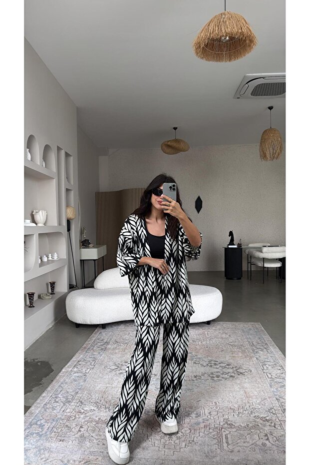 بدلة معطف ملفوفة منقوشة بالأبيض والأسود - 5