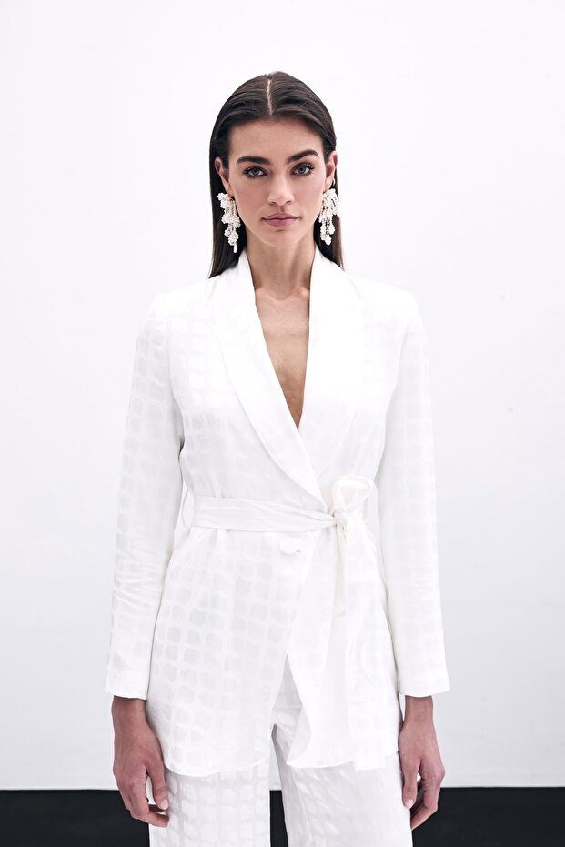 Square Patterned Belted Jacket - Ecru - 3