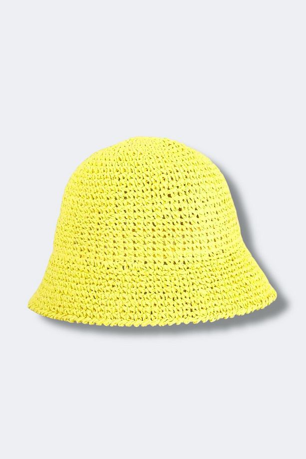 İthal Yellow Örgü Bucket Hasır Şapka - 1
