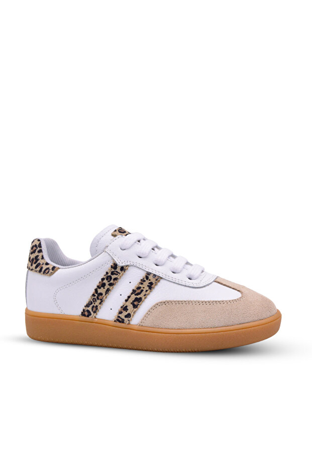 Madrid Girl's Genuine Leather Leopard Pattern Detailed White Casual Shoes
