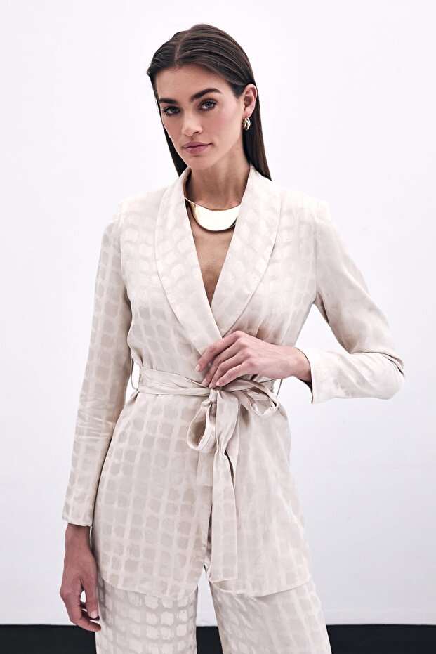 Square Patterned Belted Jacket - Beige - 2
