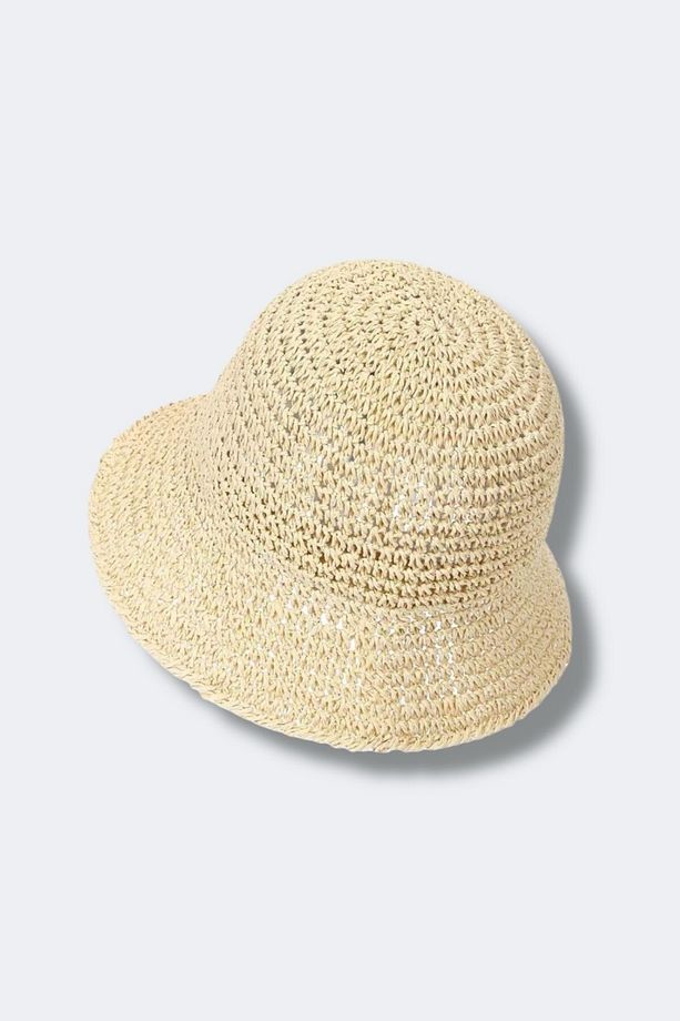 İthal Bej Örgü Bucket Hasır Şapka - 3