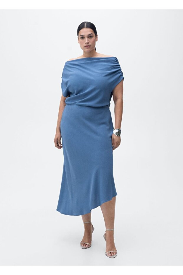 Asimetrik yaka midi elbise - 6