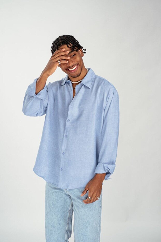Oversize Mavi Erkek Gömlek - 3