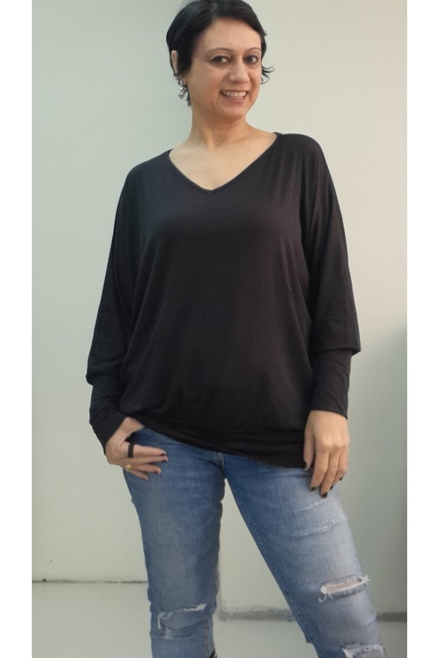 Black Cuff on the Sleeve and Hem Cuff V-Neck Bat Sleeve Long Sleeve Combed Viscose T-Shirt