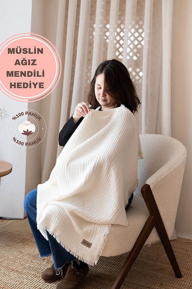 Ekru 4 Katlı Müslin Emzirme Örtüsü & Puset Örtüsü Püsküllü - 1