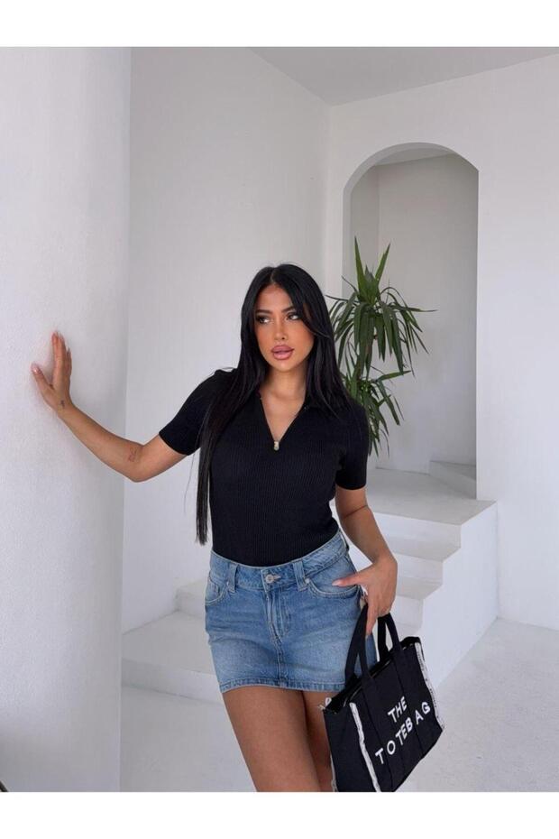 Women's Black Zipper Detailed Short Sleeve Ribbed Knitwear Blouse