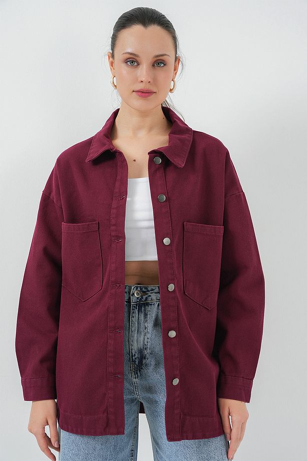20192 Oversize Gabardin Gömlek Ceket - Bordo - 4