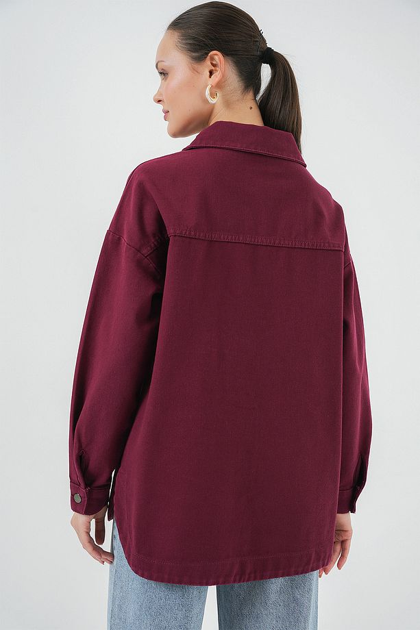 20192 Oversize Gabardin Gömlek Ceket - Bordo - 6
