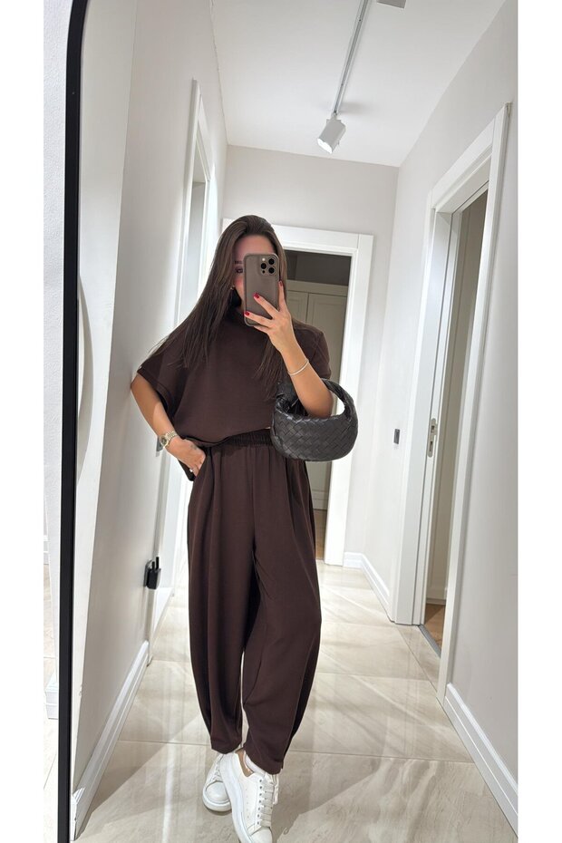 Brown Crew Neck Modal Harem Pants Set