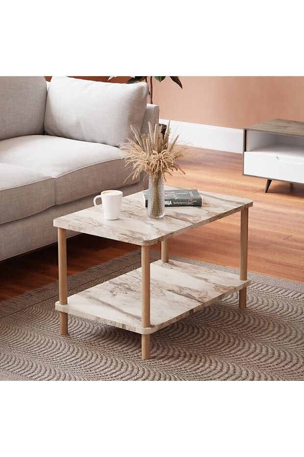 طاولة مركزية بأرجل خشبية مستطيلة - نقشة رخام أبيض - 1