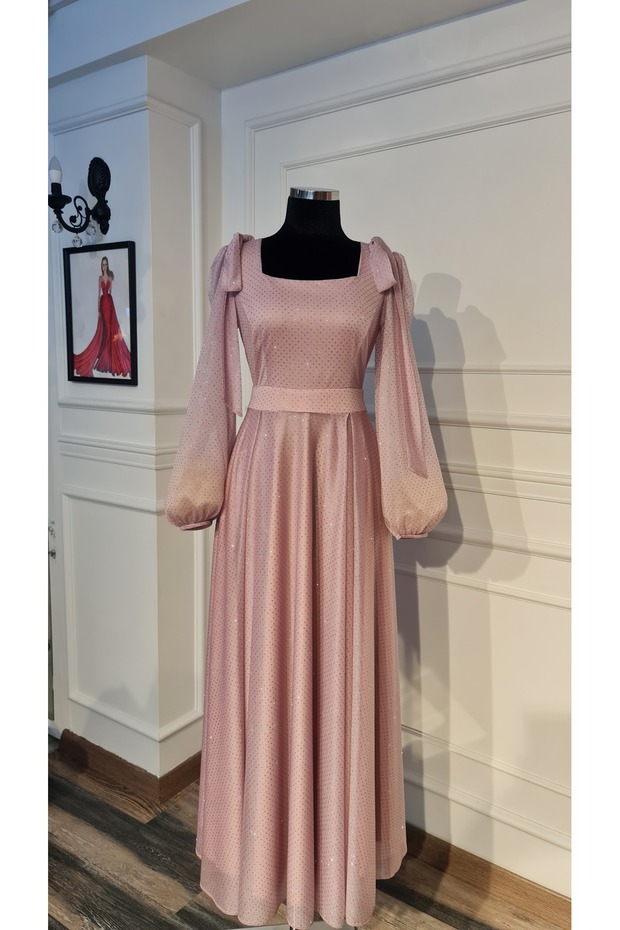 Pembe Simli Kumaştan ,Prenses Kesim,Söz Nişan Elbisesi - 8