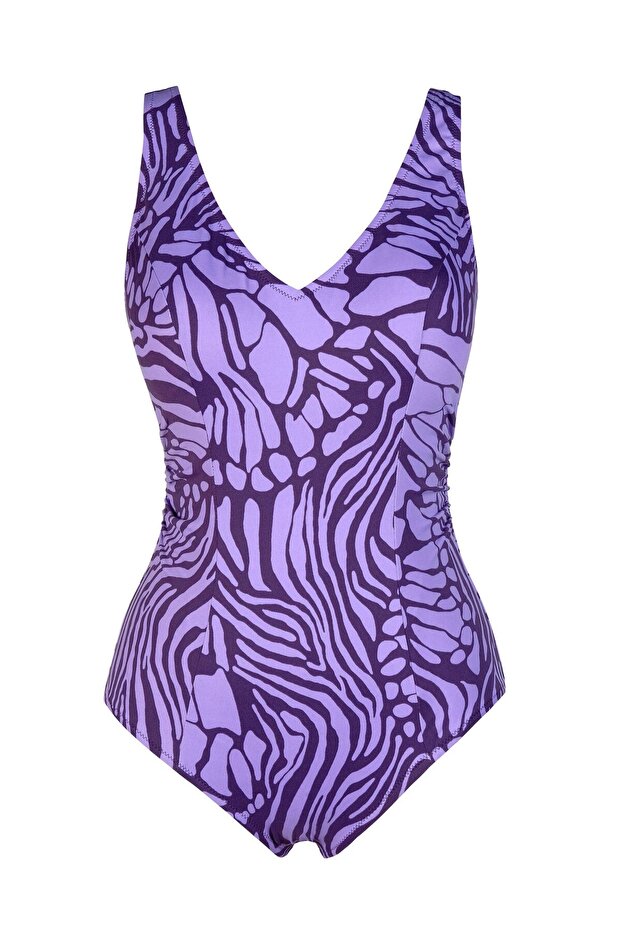 Beria Women's Large Size Cup Purple Patterned Gathering Swimsuit