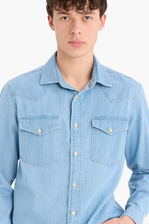 %100 Pamuk Regular Fit Jean Uzun Kollu Ince Kumaş Gömlek E5716ax25sp - 1